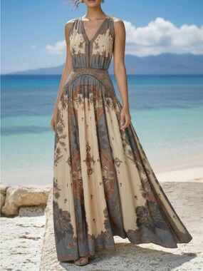 NWT Chillinen/ Linen Vibes Bohemian V-Neck Floral Maxi Dress in Beige and Slate